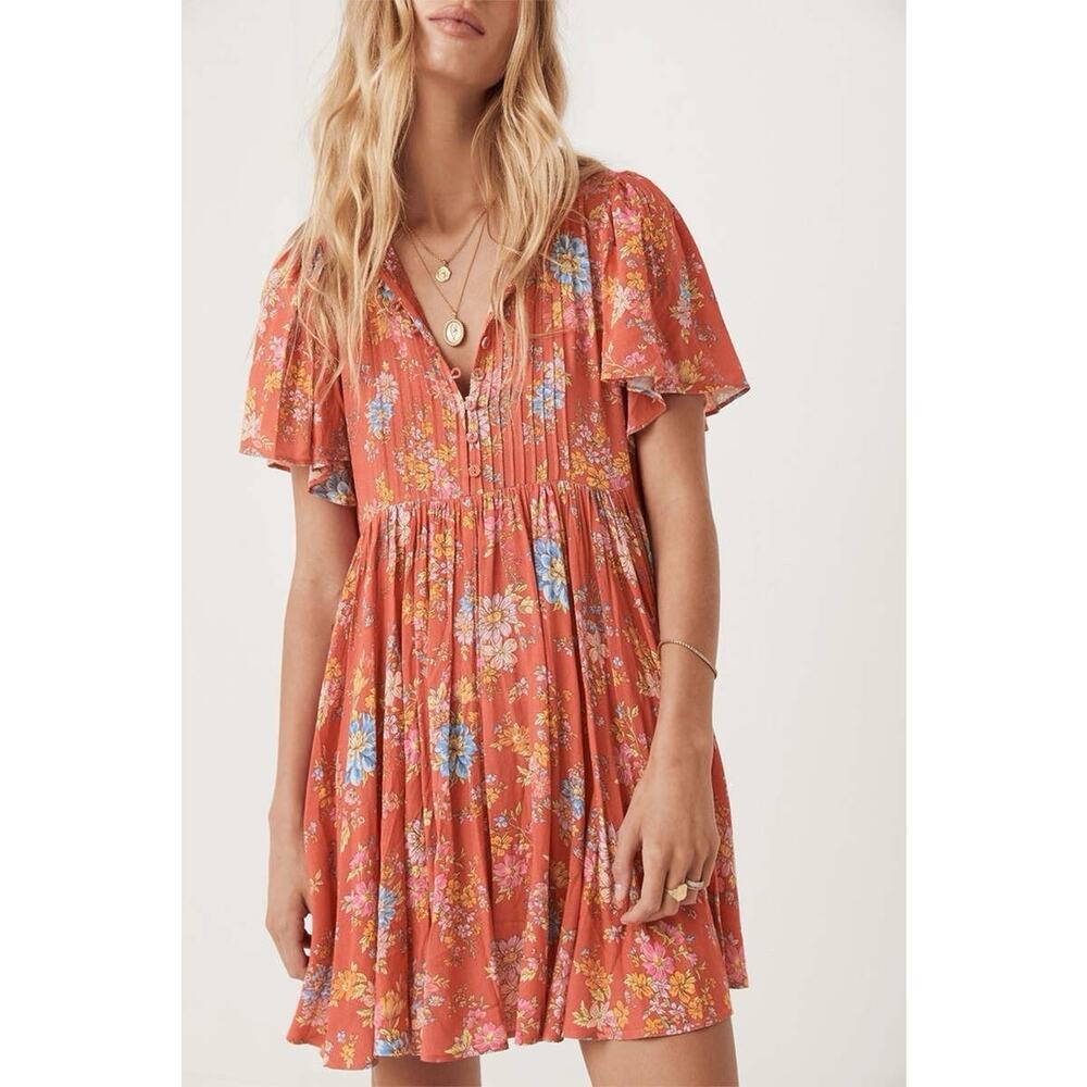 Spell Meadowland Mini Floral Poppy Dress Flutter Sleeve Viscose M